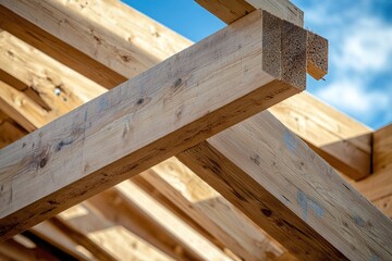 Wooden beams forming a roof structure.