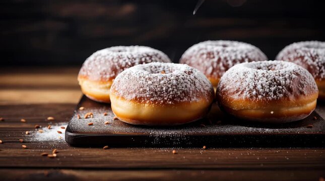Powdered sugar baked donut dessert sweet pastry on wooden board with fresh treat and warm snack perfect homemade breakfast snack