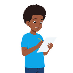 African American boy writing notes while smiling in casual clothing, white background, isolated, vector, set   