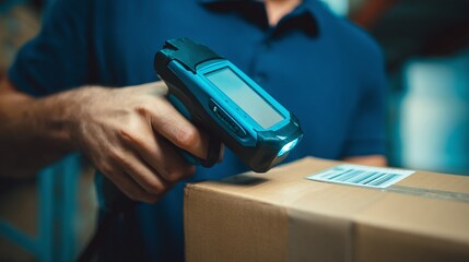 Naklejka na ściany i meble Scanning a Package: A worker uses a handheld scanner to process a cardboard box. Focus is on accuracy and efficiency in logistics.