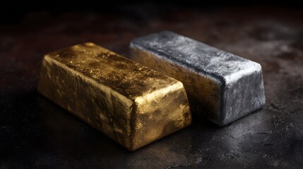 Gleaming gold and silver ingots on a dark background