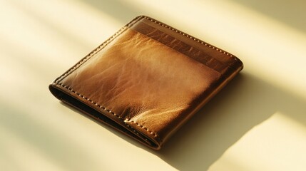 Sunlit Brown Leather Wallet: Minimalist Still Life Photography