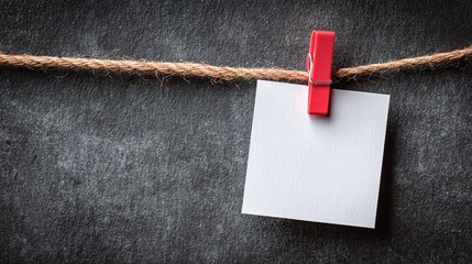 Blank Note with Red Clothespin on Jute Twine: A blank white square note card is attached to jute twine with a vibrant red clothespin against a dark textured background.