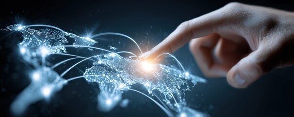 A fingertip touches a glowing point on a digital world map, symbolizing global connectivity and data exchange.