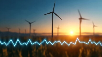 Wind turbines spinning at dawn with an overlay of ascending analytics charts. - Powered by Adobe