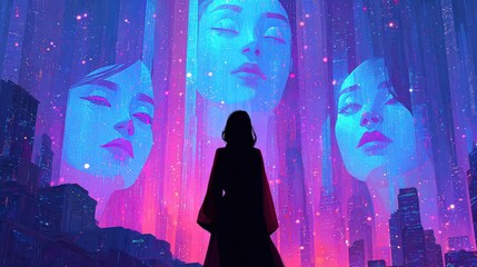A silhouetted figure stands before towering holographic faces in a futuristic cityscape bathed in neon blue and pink hues.
