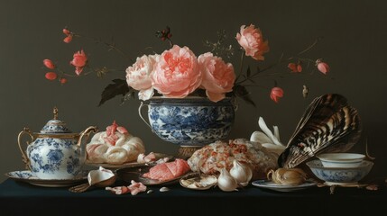 Exquisite Baroque Still Life: Peonies, Food, and Porcelain on Dark Background.