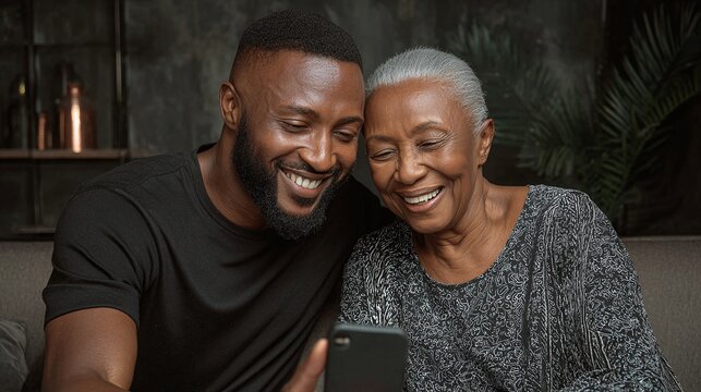 A smiling younger man and an older woman are looking at a smartphone. They appear to be enjoying something on the screen with bright smiles.