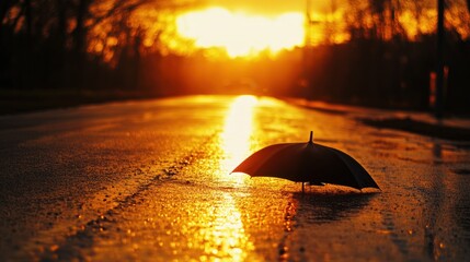 Golden Sunset, Rainy Road, Silhouetted Umbrella