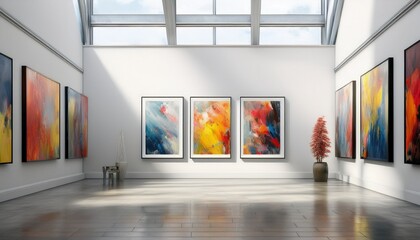 Spacious minimalist art museum with colorful canvas artwork
