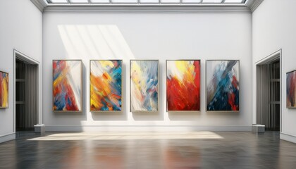  Bright white gallery wall with framed abstract modern paintings