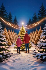 Christmas tree farm at twilight with glowing string lights on evergreen rows, snow-covered ground, and families selecting their ideal holiday tree together.