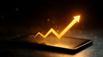 Tablet displaying a rising financial chart with a glowing arrow