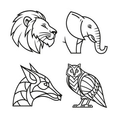 Minimal geometric animal faces icon set lion elephant fox owl