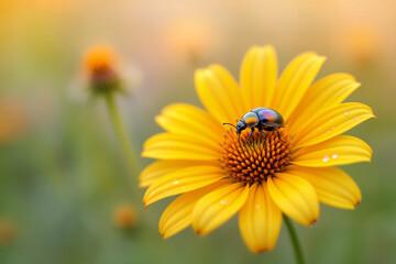 Iridescent Beetle on a Yellow Daisy with Morning Dew. AI generated