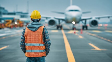 Airport worker overseeing airplane. Safety equipment ensures visibility. Focused on the plane in front of him. Aviation and ground operations.