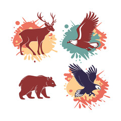 Abstract watercolor splash animal icons set with deer bear rabbit and eagle