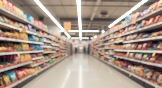 明るい店内 通路 商品棚 鮮やか 並んだ