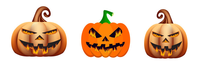 png set of Halloween Pumpkins with Carved Jack-O-Lantern Faces.