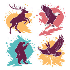 Abstract watercolor splash animal icons set with deer bear rabbit and eagle