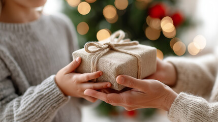 Child receives a rustic-wrapped gift from an adult in a cozy, festive setting with warm holiday lights in the background.