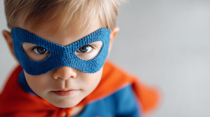Young boy dressed as a superhero with a blue mask and orange cape looks confidently into the camera.