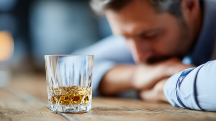 Sad man sits with his head down next to a glass of whiskey on a wooden table, symbolizing alcoholism and addiction.
Campaign against alcoholism.