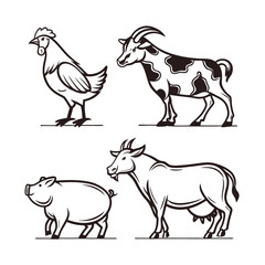 Collection of farm animal icons with clean outlines for chicken pig cow sheep and goat