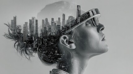 Digital overlay shows female using brain-computer interface to manage IoT across smart city ecosystem