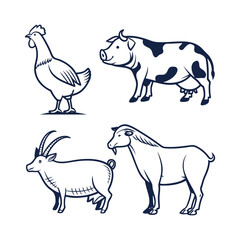 Farm animal icons with clean outlines chicken pig cow sheep goat