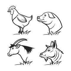 Farm animal icon collection with clean outline chicken pig cow sheep goat
