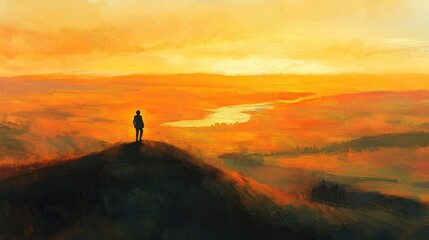 Obraz premium Silhouette figure atop hill, golden sunset panorama