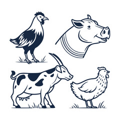 Farm animal icon collection with clean outline chicken pig cow sheep goat