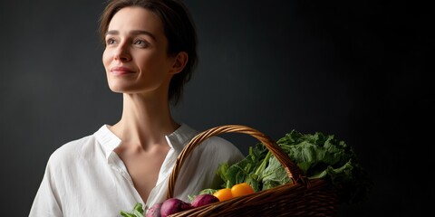 Young caucasian female holding basket of fresh vegetables with optimistic smile
