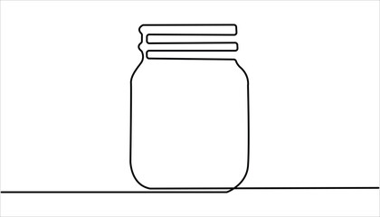 Glass canning jar in continuous line art drawing style. Food preserve. Hand drawn vector art, One line continuous drawing vector illustration.