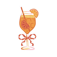Aperol Spritz. Glass of orange cocktail with ice cubes, straw, citrus slice and ribbon bow. Summer party and tropical drink concept. Hand drawn vector illustration for bar menu, party invitation