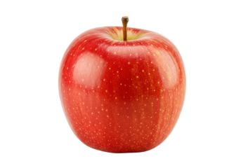 Vibrant red and yellow Gala apple with natural white speckles and short brown stem, centrally positioned on a transparent background with ample copy space, studio shot, promoting fresh produce and