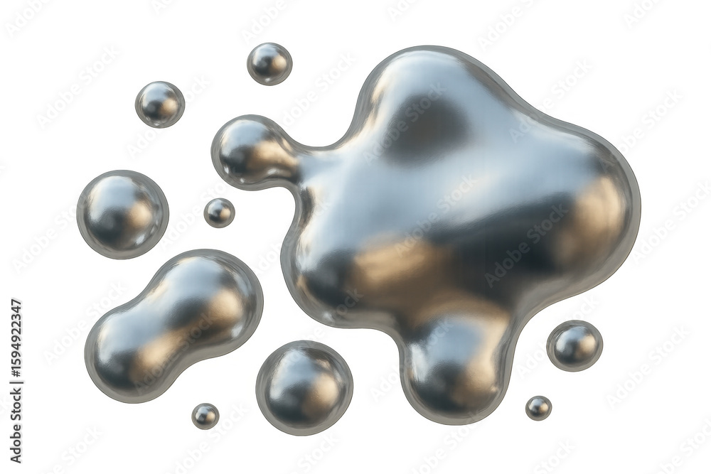 Poster fluid metallic blobs reflecting light, floating weightlessly with dynamic shimmer against transparen