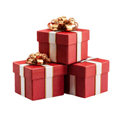 Obraz premium Three Red Gift Boxes with Gold Bows Holiday Surprise, isolated on transparent background, perfect cutout, PNG