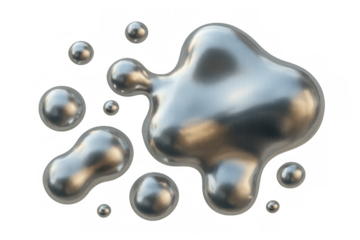Fluid metallic blobs reflecting light, floating weightlessly with dynamic shimmer against transparent surface, showcasing liquid metal movement
