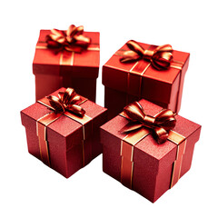 Fototapeta premium Four Red Gift Boxes with Gold Ribbons Festive Presents, isolated on transparent background, perfect cutout, PNG