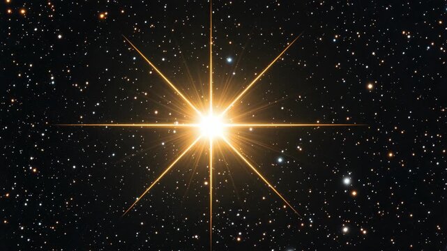 Bright star shines in night sky, surrounded by numerous stars and distant galaxies