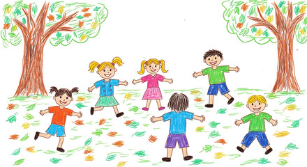 Fototapeta premium Child's drawing showing kids playing in park with autumn leaves, rendered in wax crayons on white paper, evokes youthful energy. Child's drawing aesthetic, with wobbly lines and soft colors