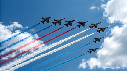 Fighter jet airplanes flying in formation with smoke trails across the sky, showcasing aviation stunts at an airshow