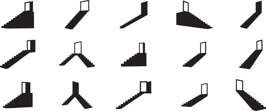 Black and white stairs and doors illustration, minimalist art, abstract design, architecture concept art