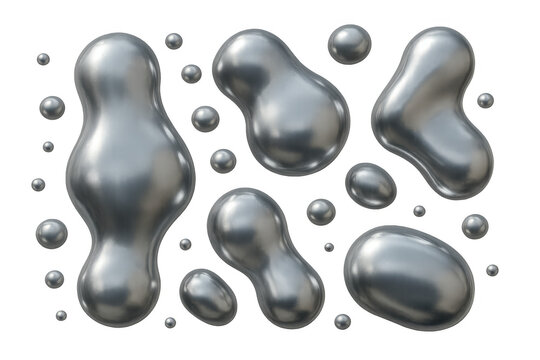 3d render of liquid silver or mercury drops floating in zero gravity on transparent background, perfect for digital art and creative projects