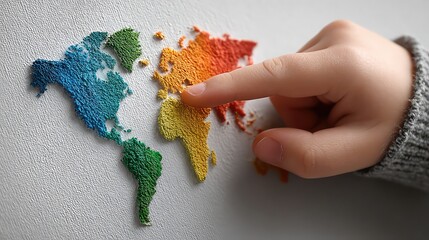 Child hand points to a colorful globe painting on canvas, emphasizing sustainability and Earth conservation.