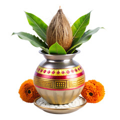Traditional Kalash with coconut and mango leaves, sacred Hindu ritual item used for pooja ceremonies and festive worship decor