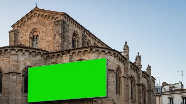 Ancient stone building adorns a vibrant green billboard