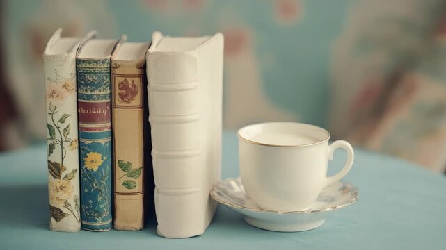 Row of vintage books and white teacup on blue table